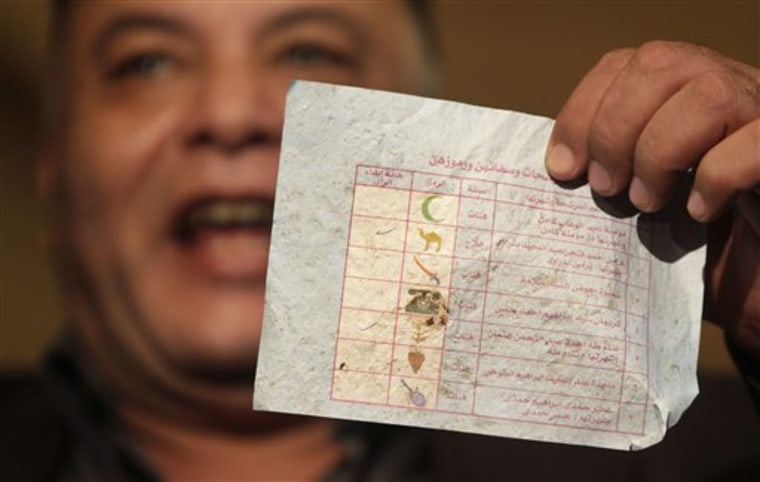 A member of the Egyptian opposition Wafd Party holds up what they claimed to be one of a number of ballots found dumped in the street and not counted, at the party's headquarters in Cairo, Egypt, on Dec. 2. 